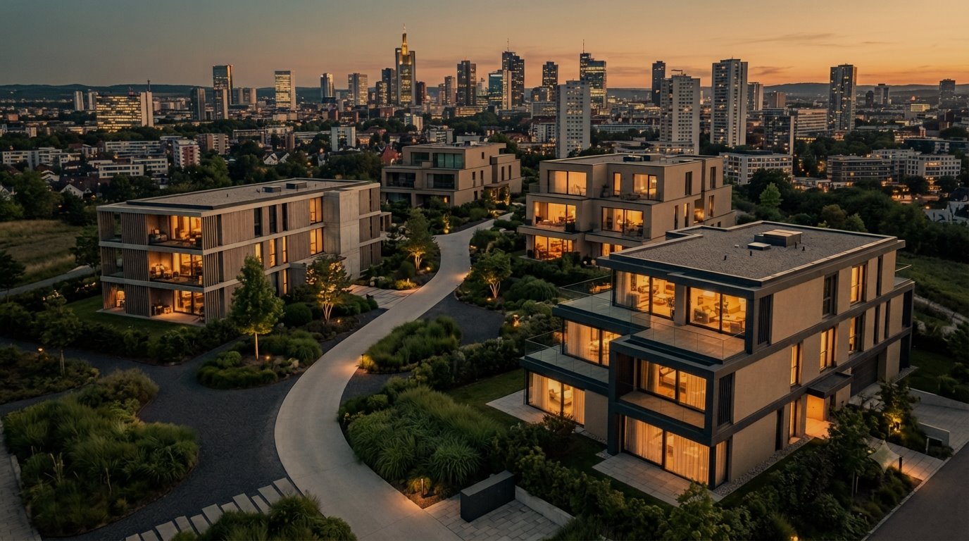 Moderne Wohnimmobilie vor der Skyline in der Abenddämmerung