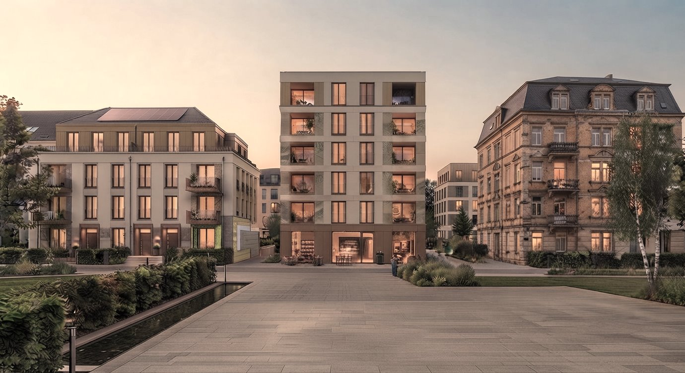 Ensemble aus Neubau und saniertem Altbau in der Abenddämmerung