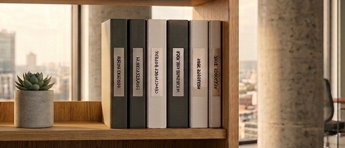 Geordnete Aktenordner in einem Büroregal